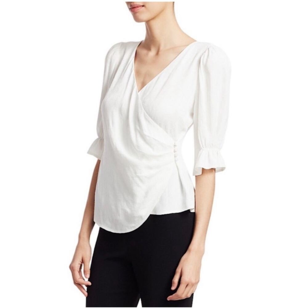Cinq A Sept Theo Top Wrap Surplice V Neck Blouse Ivory Jacquard‎ Small NWT